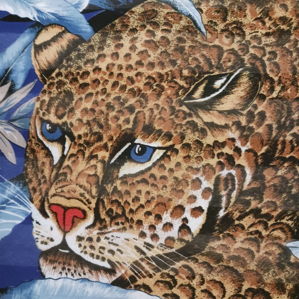 Leopard Scarf 29x29 Cotton Cheetah Jungle Tropical Blue Exotic Designer Vintage - Picture 4 of 10